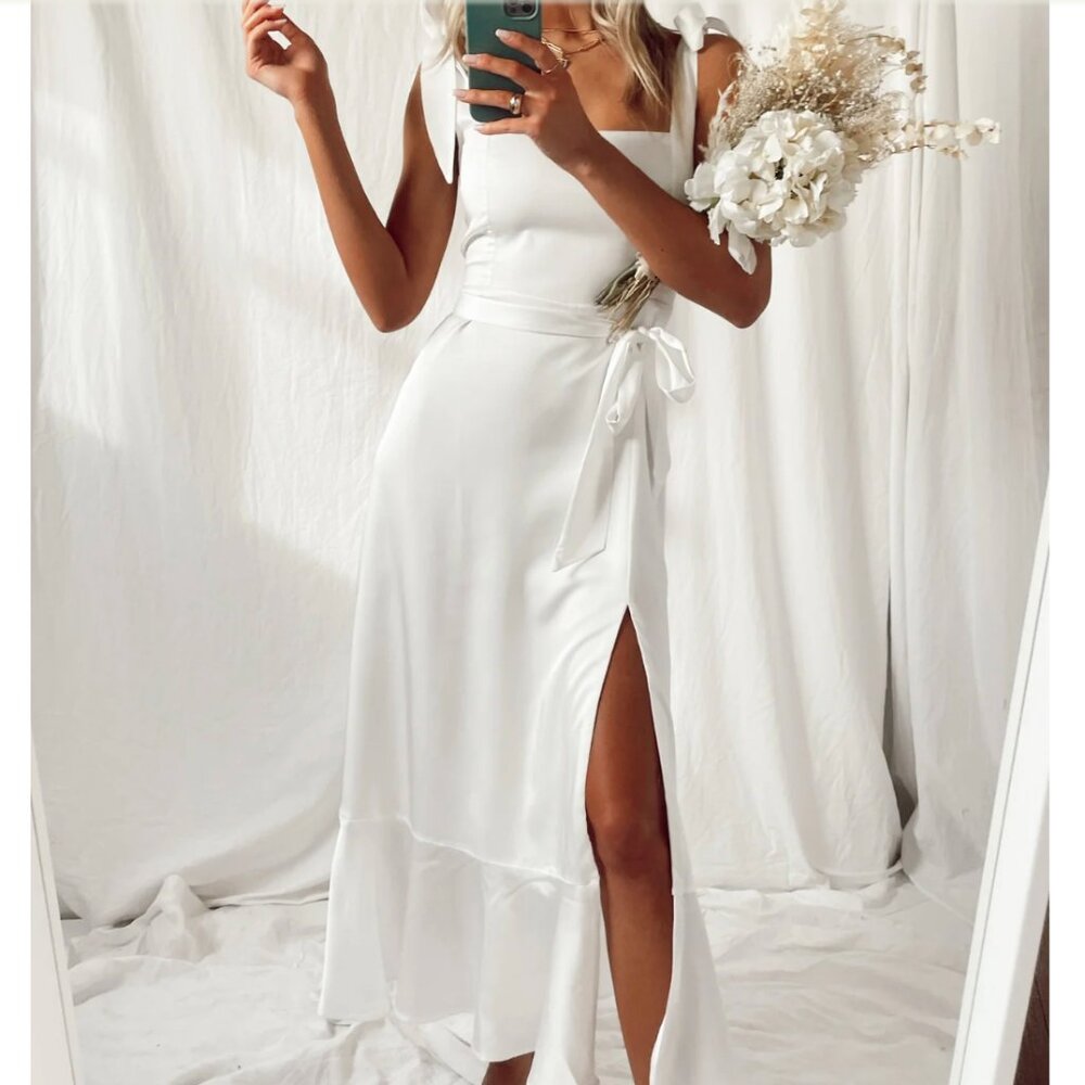 Show Me Your MuMu Garden Midi Bridesmaid Dress Ivory Luxe Satin Size Small